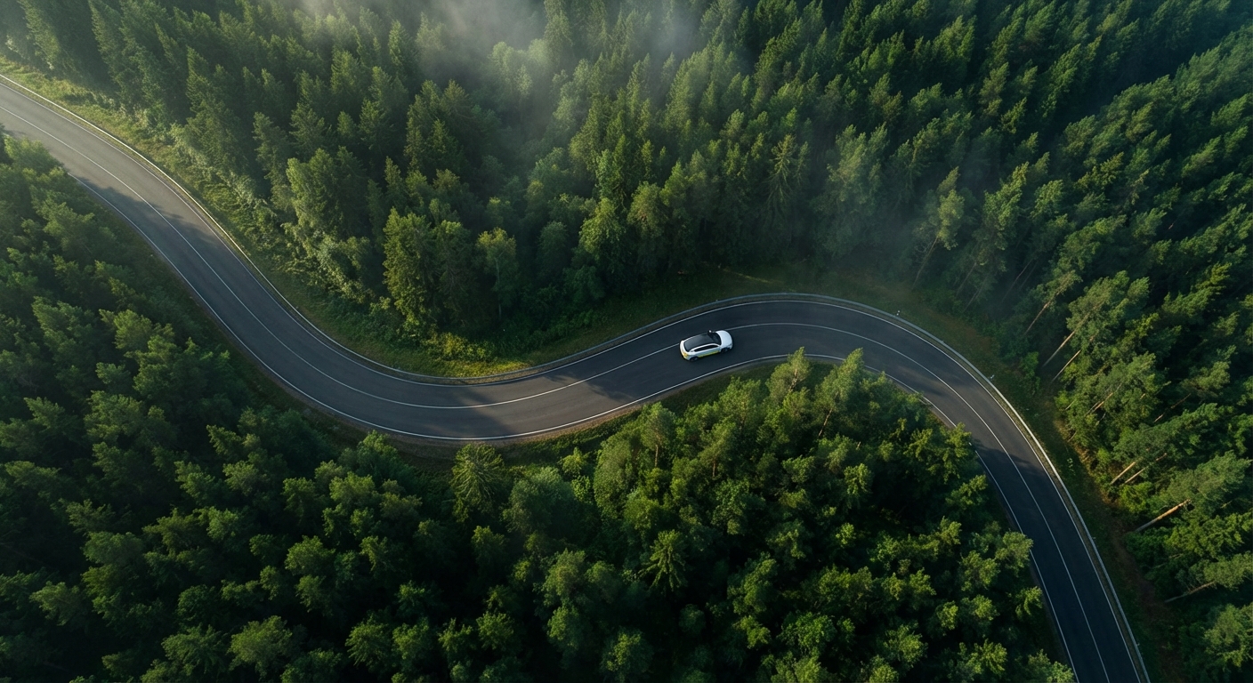 Winding road through forest